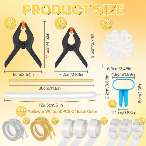 12 Piece Black Balloon Arch Clips Kit For Party, 3 Inch And 4 Inch Nylon, Includes Free Balloons, Flowers, Chains And Dots To Build Epic Backdrops Fast. size chart showing black clips, ties, and balloon accessories