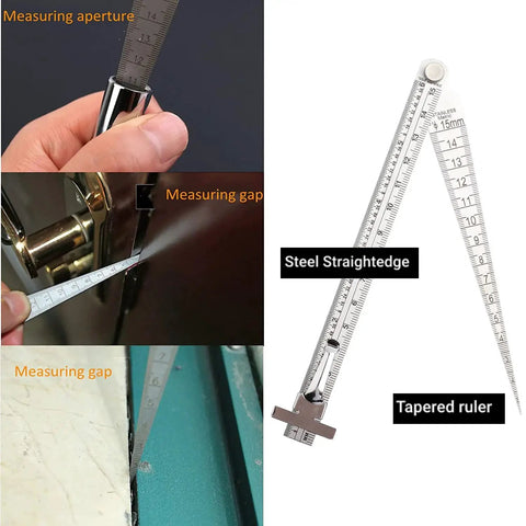 Pro Grade Stainless Steel Taper Welding Gauge For Gap And Depth Measurement, Dual Scale Ruler, Hole Inspection Tool, close-up view.