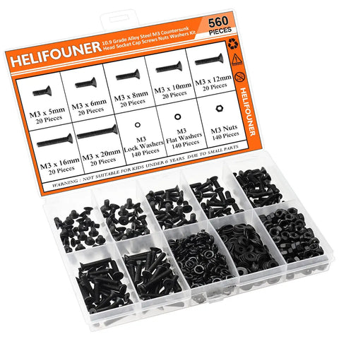 560 Pc M3 To M20 Countersunk Socket Cap Screws Kit with Hex Nuts, Lock Washers and Flat Washers, 10.9 Grade, sorted in a box