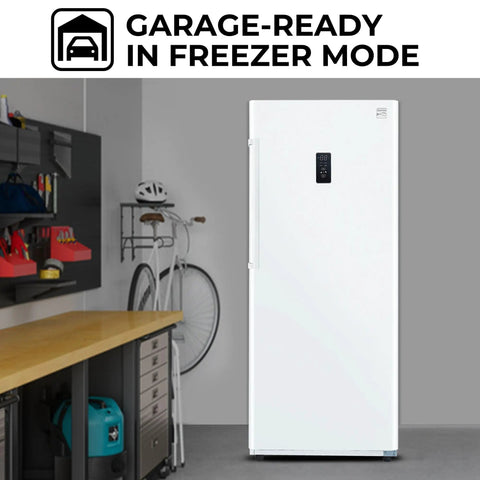 Built Tough 17 Cubic Foot Upright Convertible Fridge And Freezer With Auto Defrost garage-ready in freezer mode in a workshop.