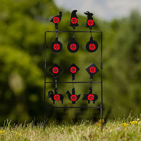 Auto Reset Animal Silhouette Target For Airgun And BB Gun Practice With Heavy Metal Spinner, Nine Target Layout in backyard.