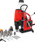 PeakPursuit Portable Magnetic Drill Press 1300W 810Rpm For Steel with 11 bits set and tools arranged for metalworking projects.
