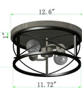 Two Light Rustic Oak White Flush Mount Ceiling Light With Black Open Cage, Cozy Farmhouse Industrial Vibe, dimensions shown