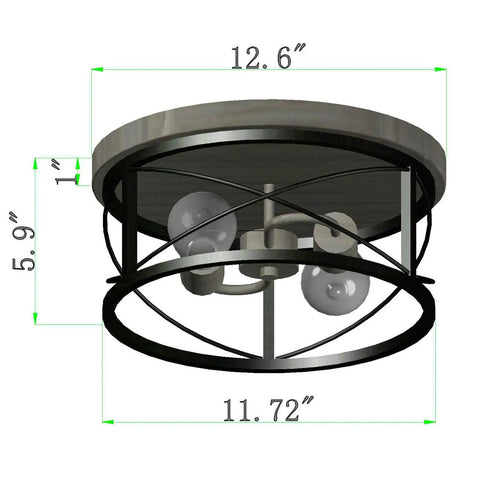 Two Light Rustic Oak White Flush Mount Ceiling Light With Black Open Cage, Cozy Farmhouse Industrial Vibe, dimensions shown