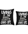 Chug Life Steam Train Throw Pillow For Kids Locomotive Engine Theme Cushion with text 'Living the Chug Life' on black background