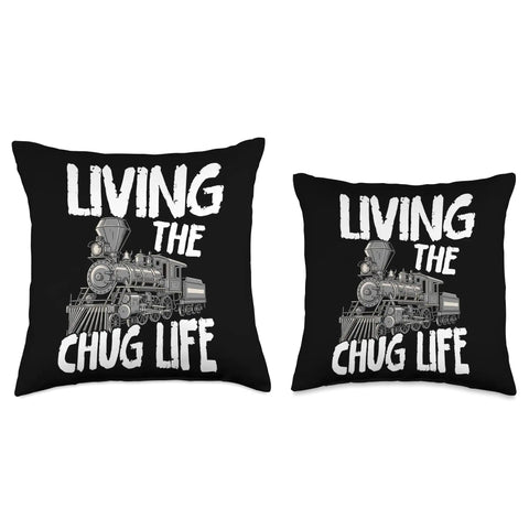 Chug Life Steam Train Throw Pillow For Kids Locomotive Engine Theme Cushion with text 'Living the Chug Life' on black background
