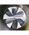 Carbide end mill, 6-flute square cutter, silver metal, top view.