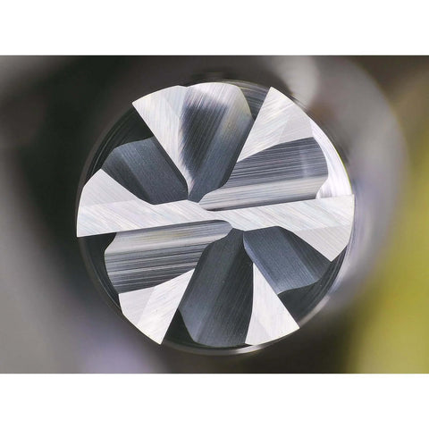 Carbide end mill, 6-flute square cutter, silver metal, top view.