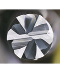 Top view of six flute carbide end mill square milling cutter with 50 degree high helix for hard steel finishing, 0.125 inch shank.
