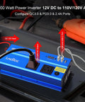 1000 Watt DC To AC Inverter with Dual 110V Outlets, Smart Digital Display, and USB ports for vehicles.