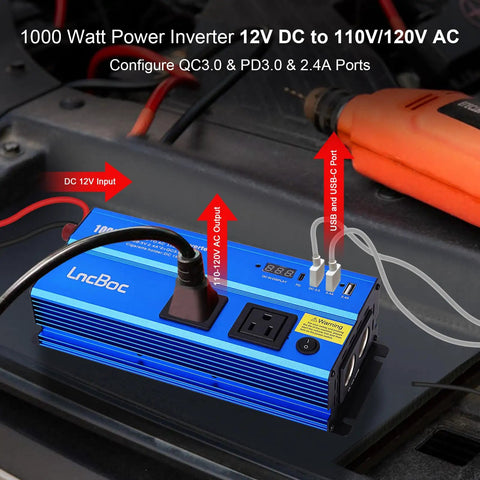 1000 Watt DC To AC Inverter with Dual 110V Outlets, Smart Digital Display, and USB ports for vehicles.