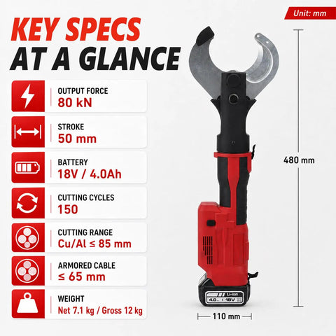 TBANVOO Heavy Duty Hydraulic Wire Cutter Tool With Electric Cable Cutting Machine Features 80Kn Force, detailed specs including cutting range and weight.
