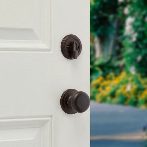 Hawthorne Front Door Lock Set With Deadbolt And Exterior Handleset, Interior Knob, Venetian Bronze Finish on white door exterior