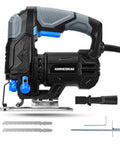 Hammerhead 4.8A corded jig saw with blue grip; orbital variable speed, includes two wood blades and hex key.