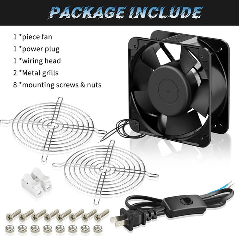 Beefy 6 Inch Axial Fan 110V 120V AC 150x50mm Metal Cooling Fan package with power plug, grills, screws for DIY use