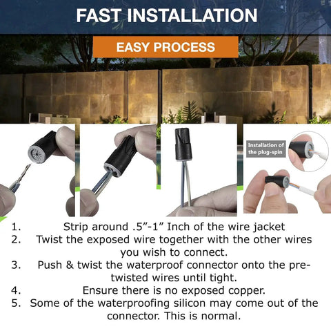 Premium Pro-Grade Waterproof Twist-On Wire Connectors 50 Pack 8-22 AWG Grey Silicone-Filled, installation instructions.