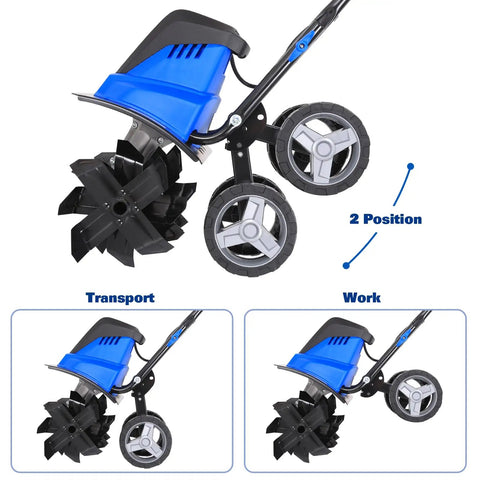 Powerful 16 Inch Corded Garden Tiller Cultivator With A Thirteen Point Five Amp Motor 6 Steel Tines Adjustable Wheels