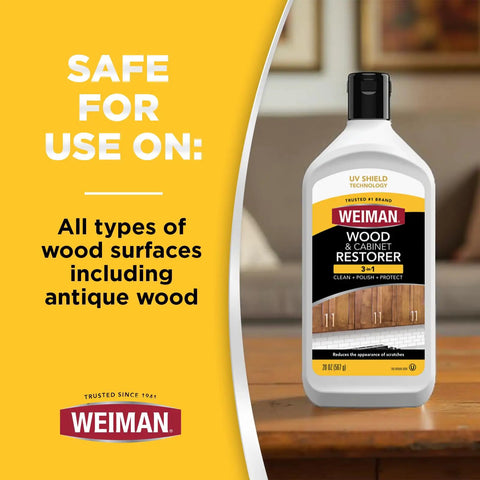 Revive Your Wood Furniture And Kitchen Cabinets With This Deep Cleaning Polish Bundle That Sweeps Away Grime Dust And Scratches While Locking In A Glossy Finish With UV Protection, bottle on a wooden table.
