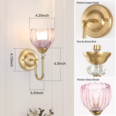 Pair Of Vintage Battery Powered Wall Sconces With Massive 5000Mah Cell And Smart Remote Dimmable Tulip Pink Shades, 4.25 x 6.3 inches.