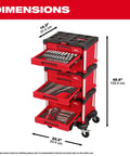 Premium Shop Rig Ready 366 Piece Master Mechanics Hand Tool Set with heavy duty 12 drawer rolling cart displaying dimensions.