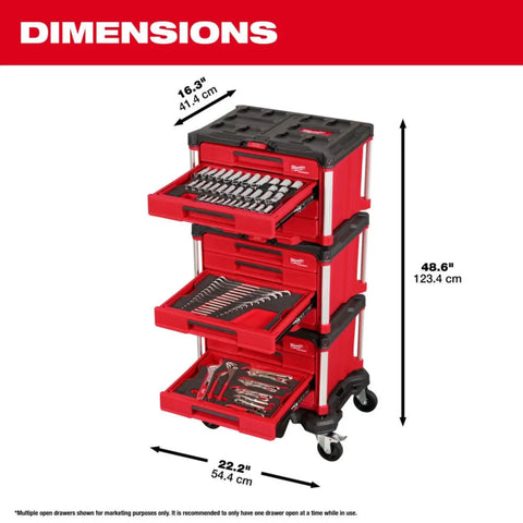 Premium Shop Rig Ready 366 Piece Master Mechanics Hand Tool Set with heavy duty 12 drawer rolling cart displaying dimensions.