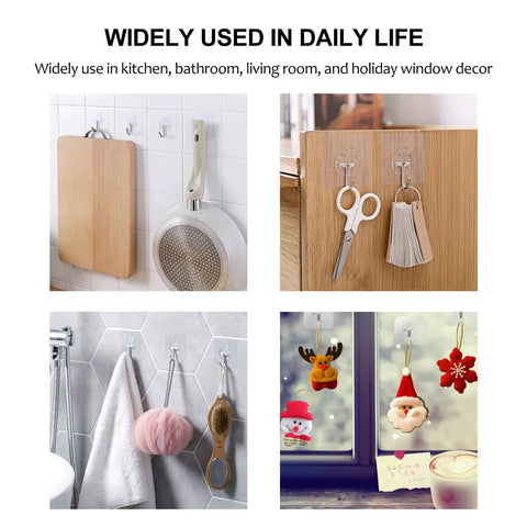 Heavy Duty Adhesive Hooks Set 12 Pack Transparent Wall Hooks for Bathroom and Kitchen holding various items
