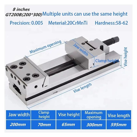 Boss Level CNC Milling Vise Delivering Insane 10000 Kilogram Clamping Power And Wide 200 Millimeter Jaws showing dimensions and specifications.