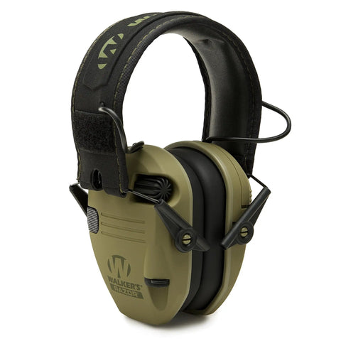 Razor Slim Patriot Series Ear Muffs with ultra-low profile and olive drab design, showcasing ergonomic headband for outdoor shooting.