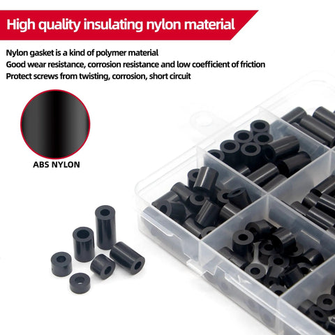 Black Nylon Spacers Kit M3 And M4 For Electronics Car Furniture And DIY Projects 610 And 915 Pcs Multi Use Spacers For Jewelry Making And Circuit Assembly Delivers Clean Gaps Layered Look Three Set black nylon spacers in organizer tray
