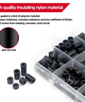 All In One Nylon Spacers Kit Heavy Duty 610 And 915 Pieces Black M3 M4 Spacers For Electronics Cars Furniture And DIY Projects With Electrical Insulation And Vibration Dampening To Keep Things Quiet And Secure. black nylon spacers in storage box