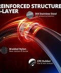 Diagram showing reinforced 3-layer structure of 6AN braided fuel line hose 20ft black with CPE inner layer and nylon sheath.