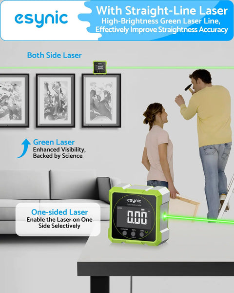 Heavy Duty Digital Angle Finder With Waterproof Magnetic Inclinometer And Type C Fast Charge For Built Tough Construction Projects And Hvac Fixes On The Fly Featuring Crisp Lcd Screen in use, measuring alignment with green laser and digital display.