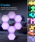 Hexagon LED Sensory Lights For Teens 7 Pack With Touch Tap Control Remote Included Autism Friendly Wall Panels glowing in various colors.
