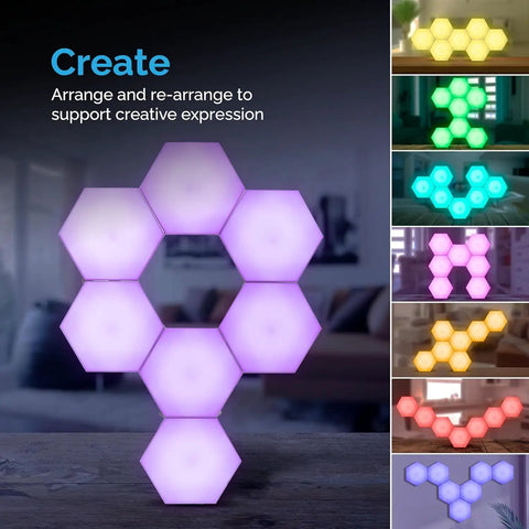 Hexagon LED Sensory Lights For Teens 7 Pack With Touch Tap Control Remote Included Autism Friendly Wall Panels glowing in various colors.