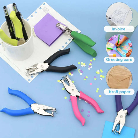 12 Piece Handheld Hole Punch Kit With Grip Handles One Quarter Inch Circular Punches for Craft Paper Greeting Cards Scrapbooks Black Green Deep Purple Fluorescent Yellow Rose Pink Blue