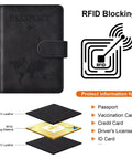 Must Have Passport Wallet With Magnetic Button Closure For Travel Essentials A Sleek Black Passport Book Holder with RFID blocking diagram