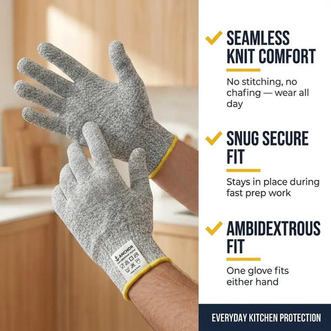 Person wearing Cut Resistant Kitchen Gloves ANSI A5 Level 5 HPPE For Mandoline Slicing And Oyster Shucking Food Safe.