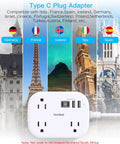 US To European Travel Plug Adapter With 3 Foot Extension Cord Type C E F Power Converter with USB ports and compatible country icons.