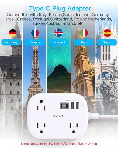 US To European Travel Plug Adapter With 3 Foot Extension Cord Type C E F Power Converter with USB ports and compatible country icons.