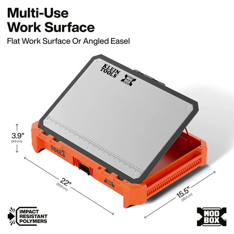 MODbox Tray Work Top Grab And Go Portable Work Surface For Multi Use Workbench Stainless Steel Modular Unit, angled view