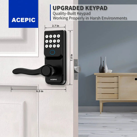 Metal Keyless Entry Smart Door Lock with keypad on white door, digital matte black, 5-way unlock for secure home access.
