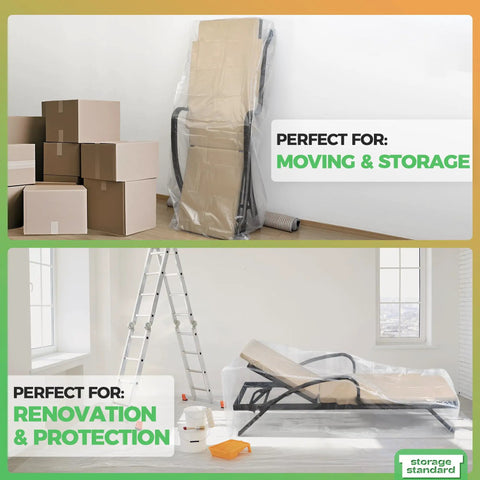 2 Pack Waterproof Outdoor Chaise Lounge Covers For Patio Furniture over a folded chair, next to moving boxes indoors.