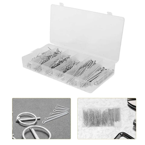 Stainless Steel Cotter Pins Set Assortment Kit with high strength hairpin pins for automotive mechanics and DIY projects assembly.