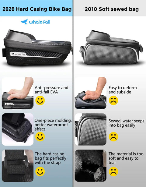 Comparison of waterproof bike frame bag with 3D EVA hard shell and sealed zipper versus older soft sewed bag.