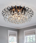 Dope Black Crystal Floral Chandelier 4 Light Fixture Dimmable Flush Mount Ceiling Light With Raindrop Crystals in room setting