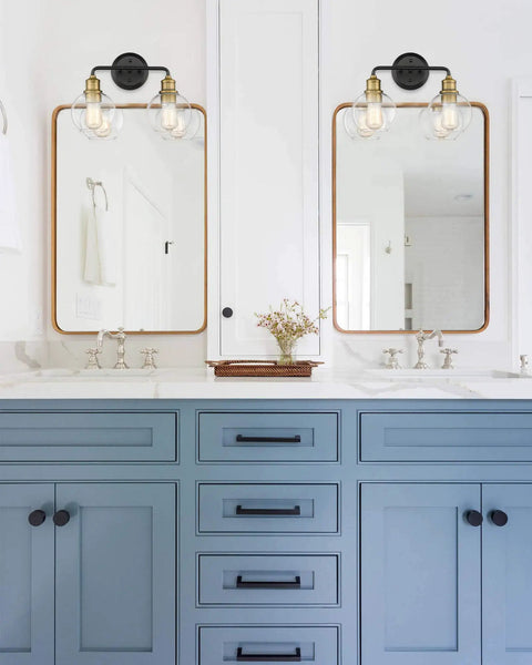 Two Light Bathroom Vanity Light Over Mirror With Clear Glass Shades Matte Black And Antique Brass Finish Farmhouse Wall Lights