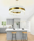 Gold Crystal Chandelier Modern Round Pendant Light With 3 Way Switch LED Crystal Lighting For Dining Room Kitchen Island Bedroom 23.6 Inch Diameter Ceiling Fixture above kitchen island.