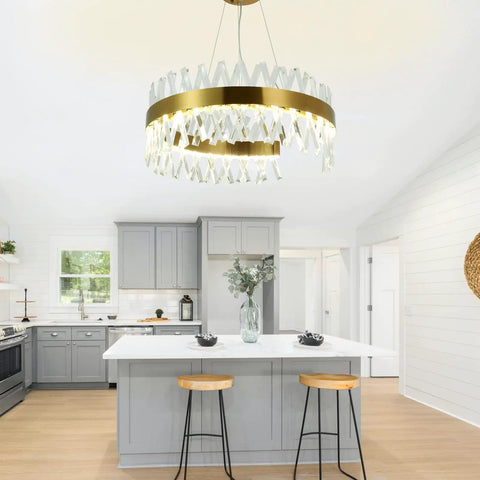 Gold Crystal Chandelier Modern Round Pendant Light With 3 Way Switch LED Crystal Lighting For Dining Room Kitchen Island Bedroom 23.6 Inch Diameter Ceiling Fixture above kitchen island.