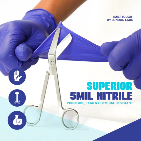 Built Tough 5 Mil Thick Nitrile Exam Gloves In Sharp Cobalt Blue Disposable Latex Free Protective Handwear For Health Professionals Emt Teams And Food Prep Straight Up Mega Bundle Of One Thousand Count being stretched with scissors.