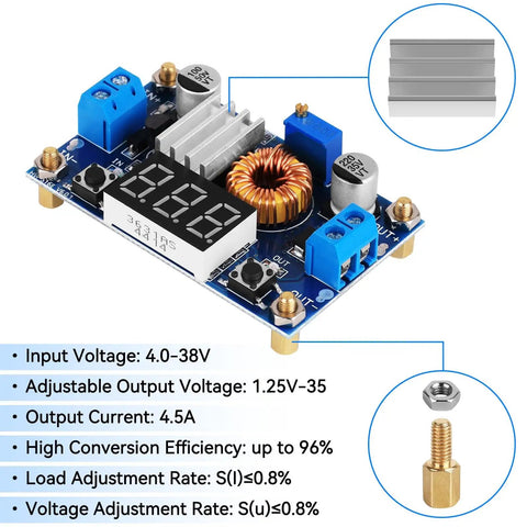 High Power Adjustable Buck Converter Module 5A 4-38V Input To 1.25-35V Output With 75W LED Display Copper Column DIY Voltage Regulator For Batteries And Automotive Projects 2 Pack with components